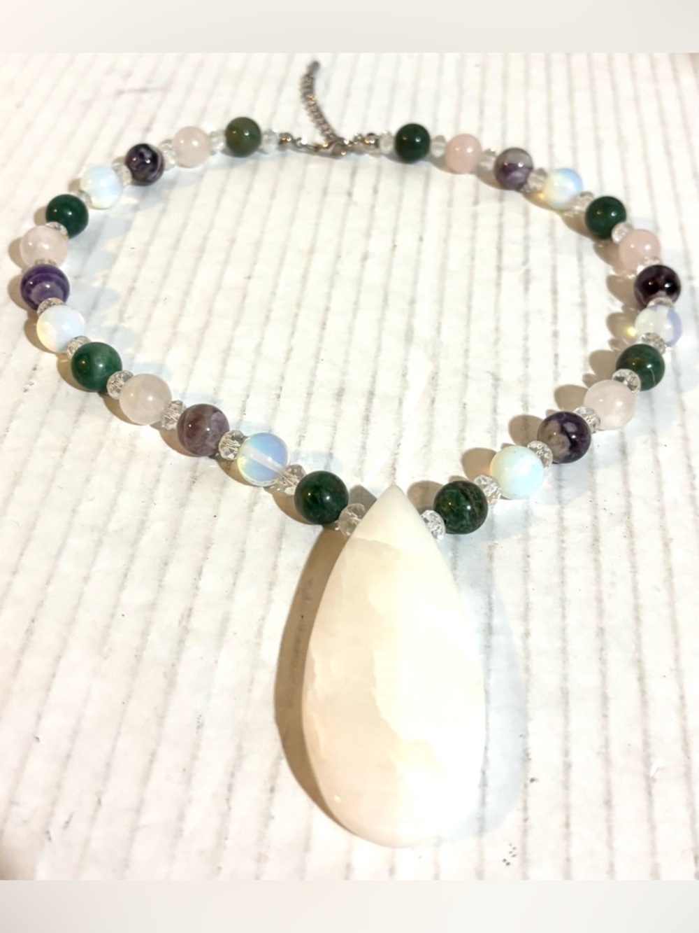 Multicolor Beaded Necklace with White Teardrop Pendant